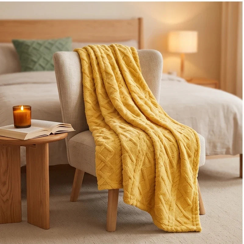 Yellow fleece throw styled in a warm home setting