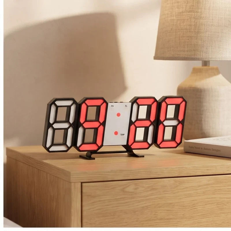 Red clock styled in a warm home setting