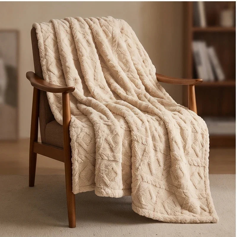 Khaki fleece throw styled in a warm home setting - 2