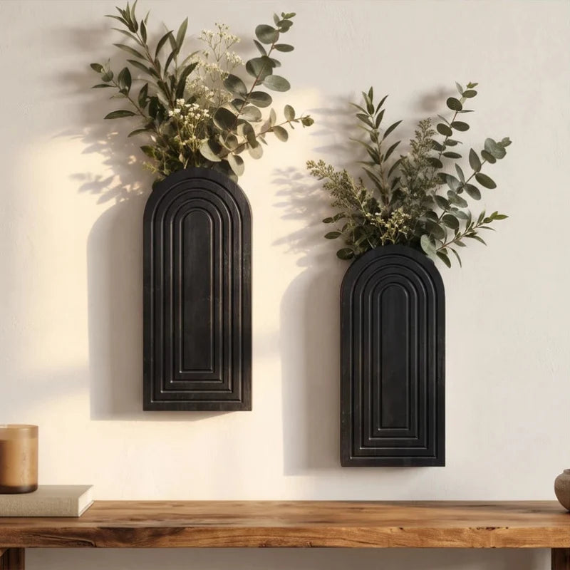 Black wood vase styled in a warm home setting - 2
