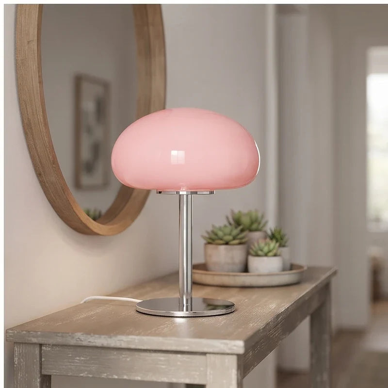 Pink glass lamp styled in a warm home setting - 4