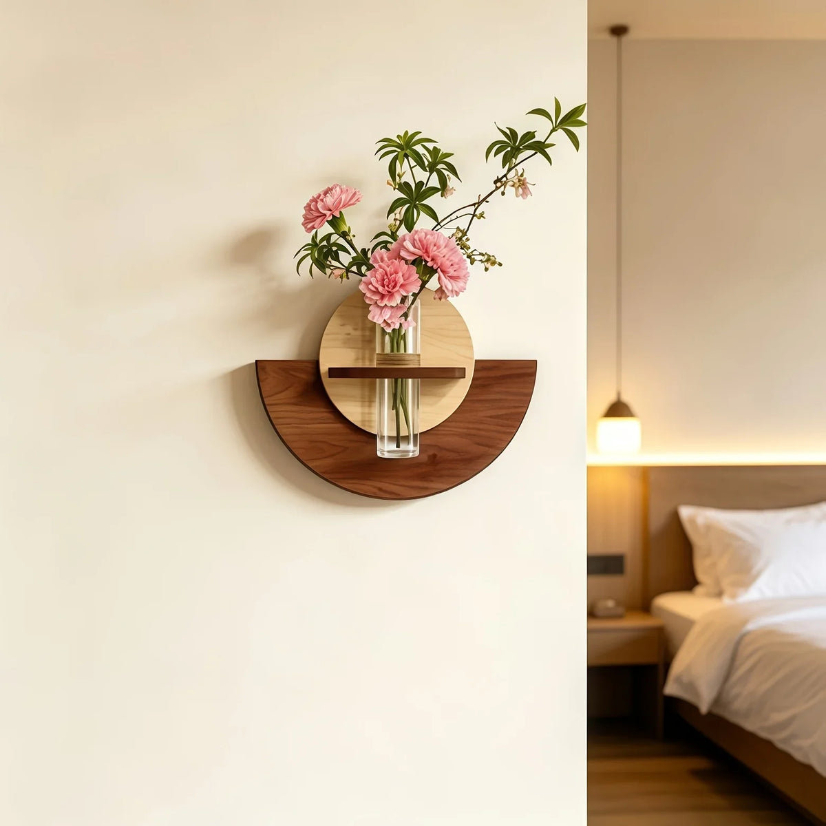 A wall-mounted wooden shelf and vase holder with pink flowers, shown mounted on an off-white wall in a softly lit bedroom setting.