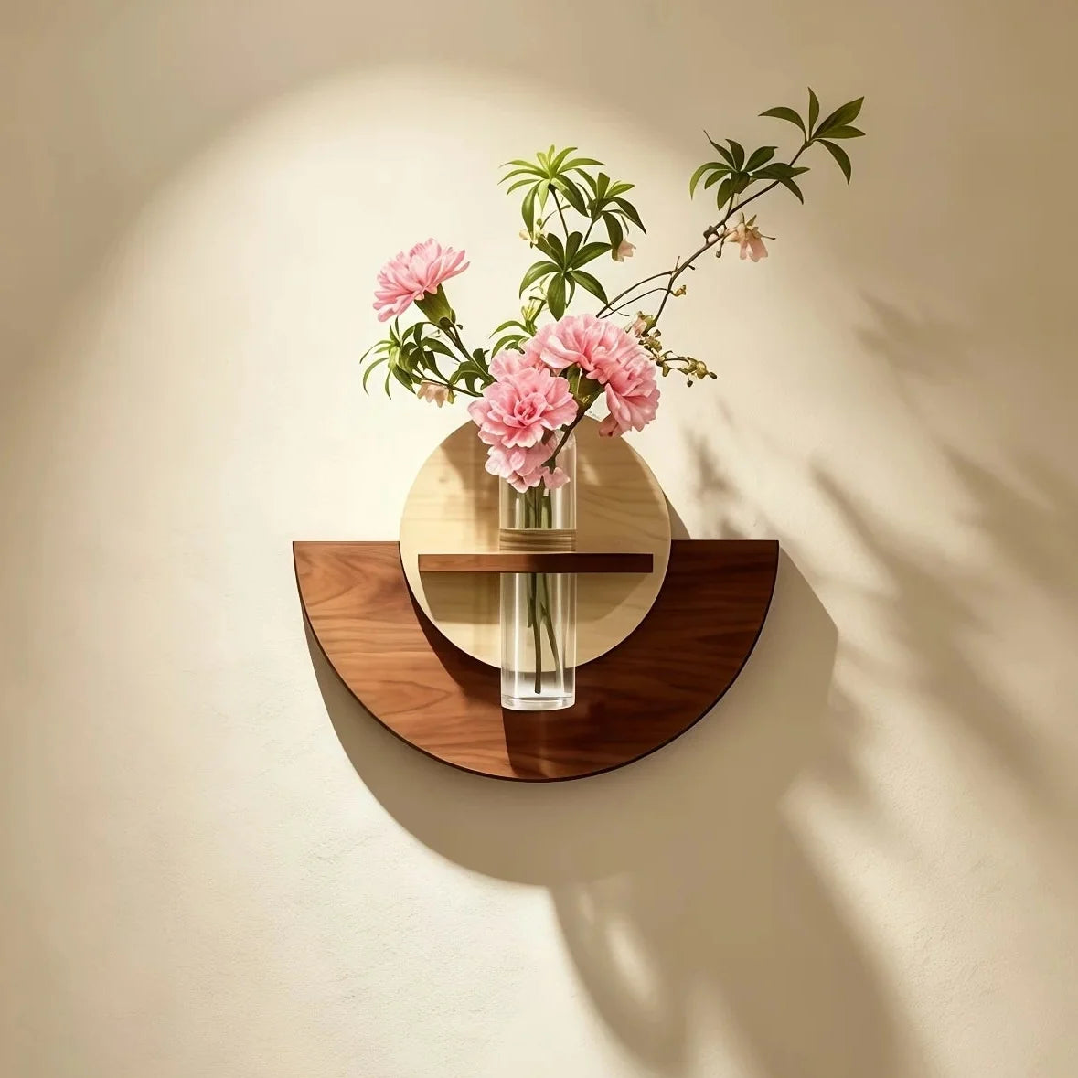 A wall-mounted semicircle shelf in warm medium brown wood with a circular light wood top, holding a clear glass vase with pink flowers and green leaves, against a beige wall with soft sunlight and shadows.