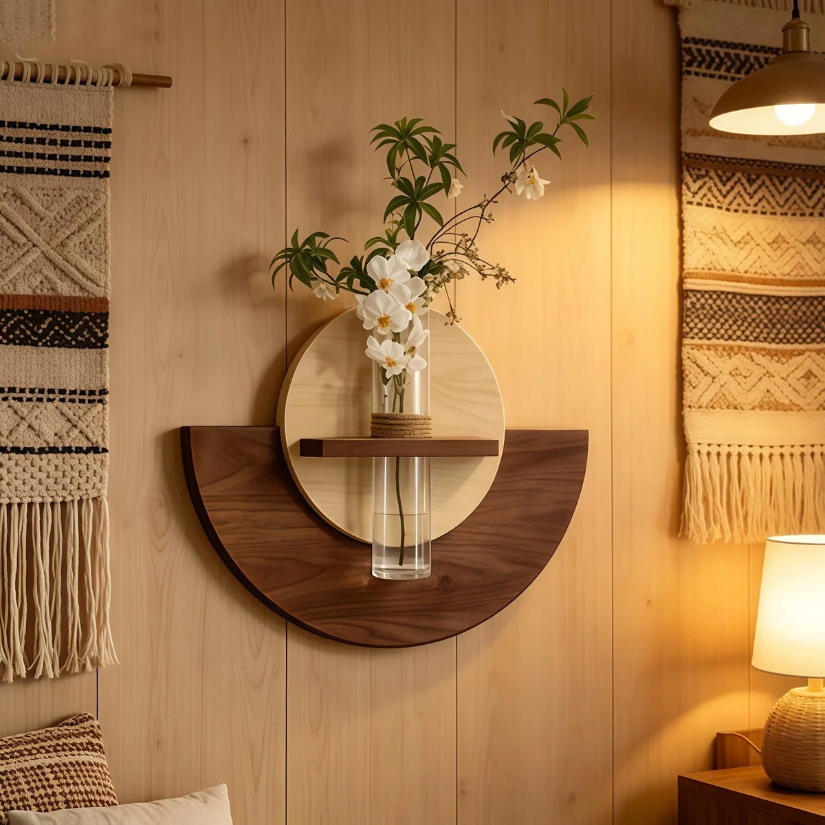 A modern wall-mounted shelf with a dark walnut half-circle base, a light wood oval backplate, and a small wooden shelf holding a clear glass vase with white flowers and green stems, shown in a warm, wood-paneled room.