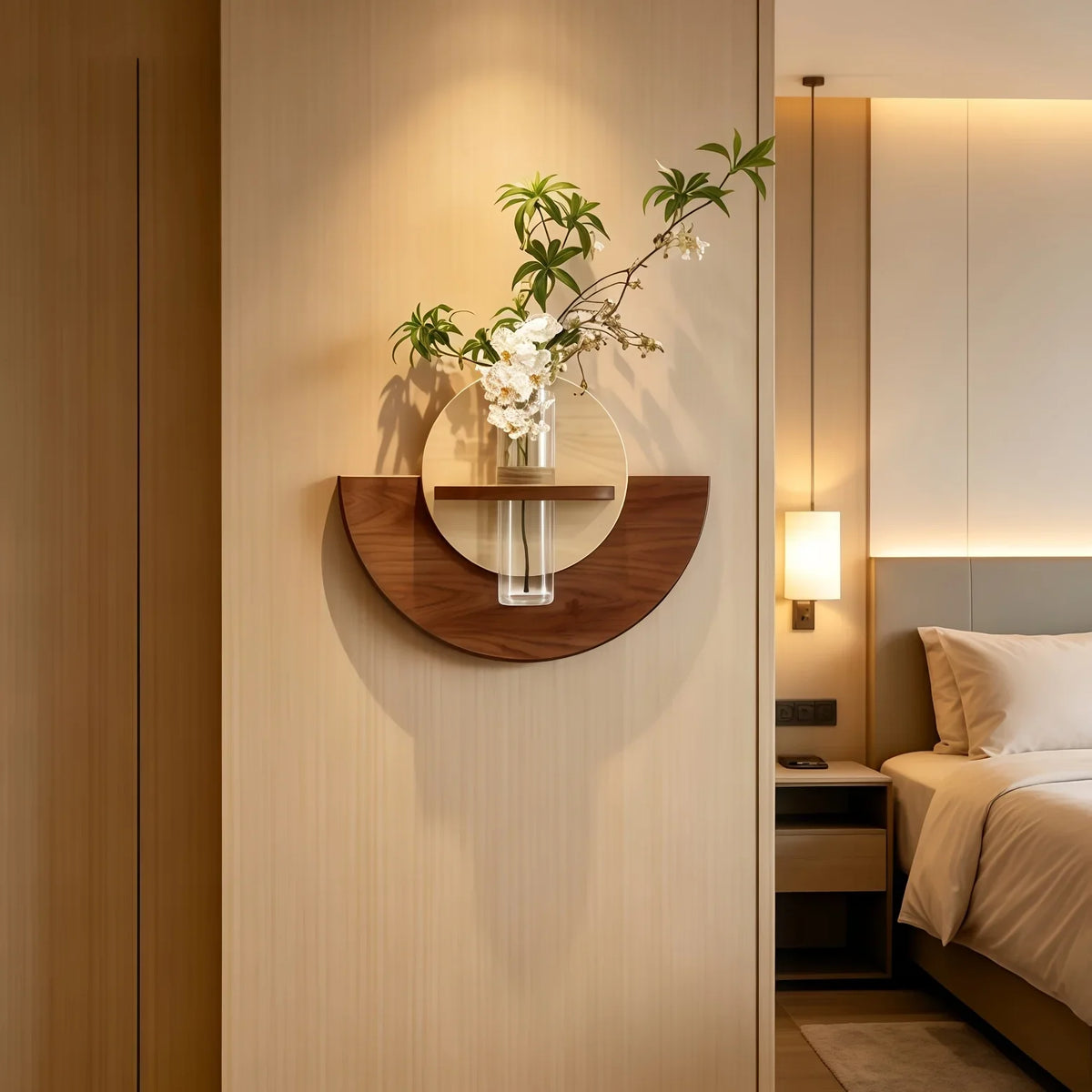 A modern semi-circular wall-mounted shelf decor piece in warm medium brown wood, mounted on a beige textured wall in a bedroom setting. The shelf features a circular inset holding a clear glass vase with white flowers and green stems, and a small wooden shelf above it.