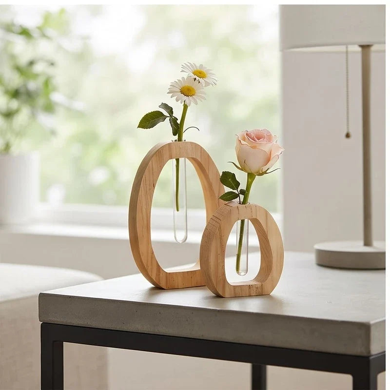 2 Piece Set Wooden Hydroponic Plant Vases With Reative Glass Tube Containers Decorative Vase For  Office Workspace Home Living Room wooden vases styled in a warm home setting - 3