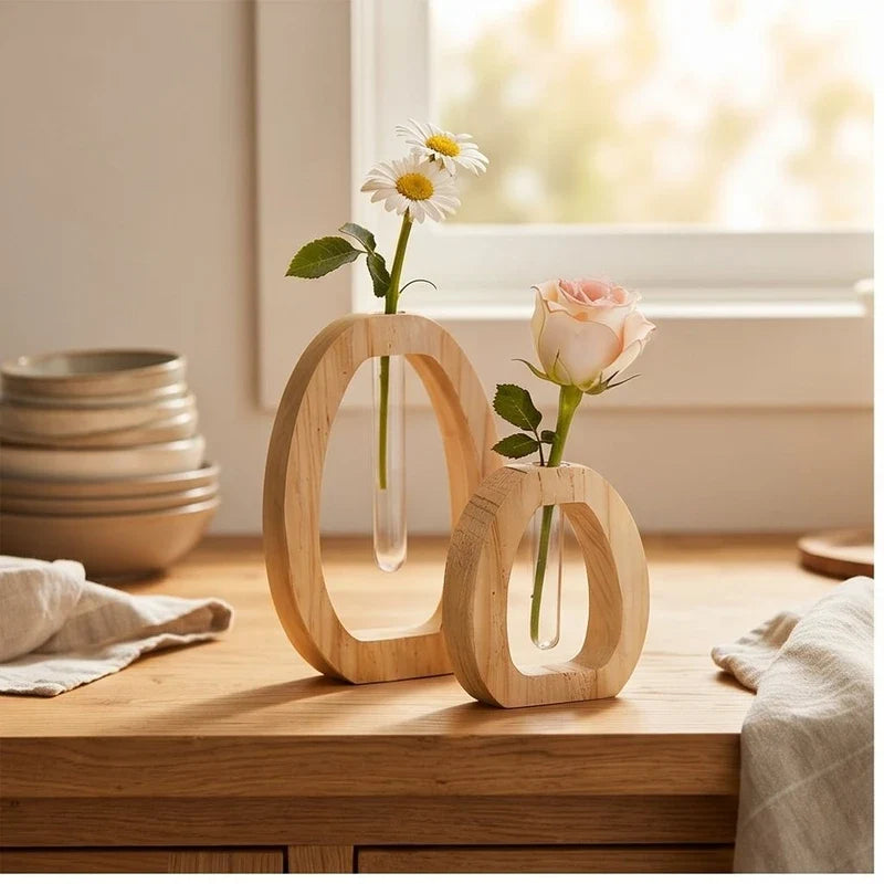 2 Piece Set Wooden Hydroponic Plant Vases With Reative Glass Tube Containers Decorative Vase For  Office Workspace Home Living Room wooden vases styled in a warm home setting