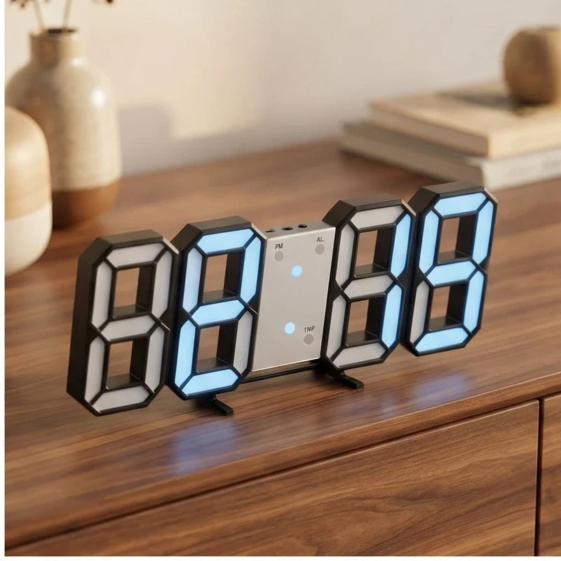 Blue clock styled in a warm home setting