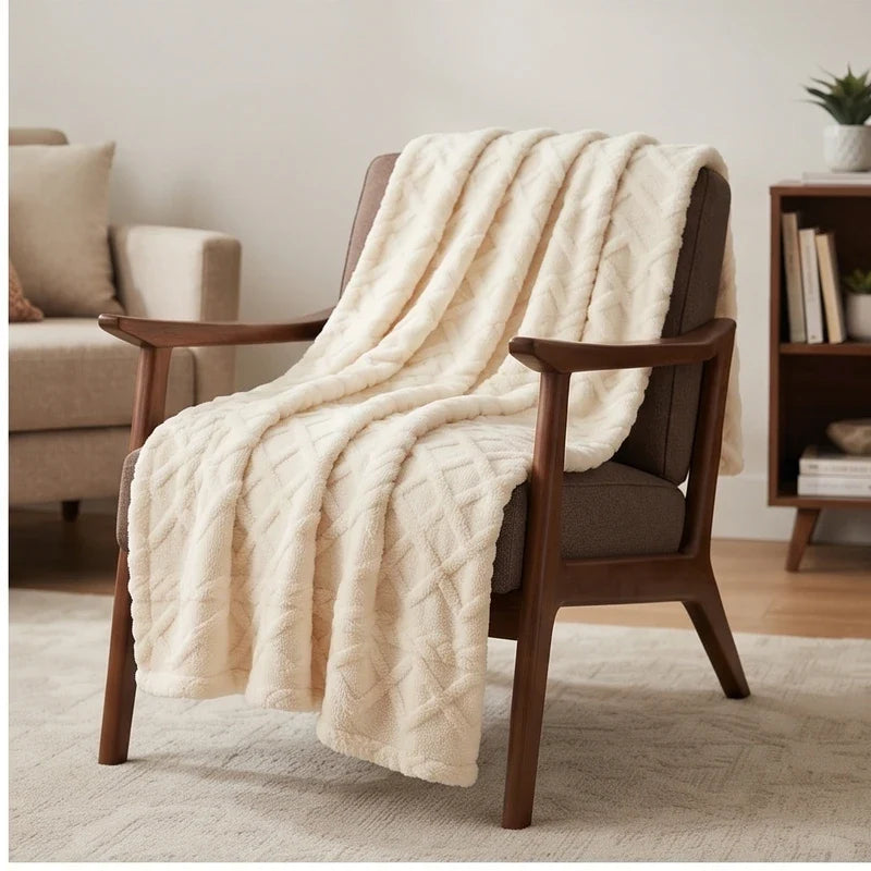 White fleece throw styled in a warm home setting - 2