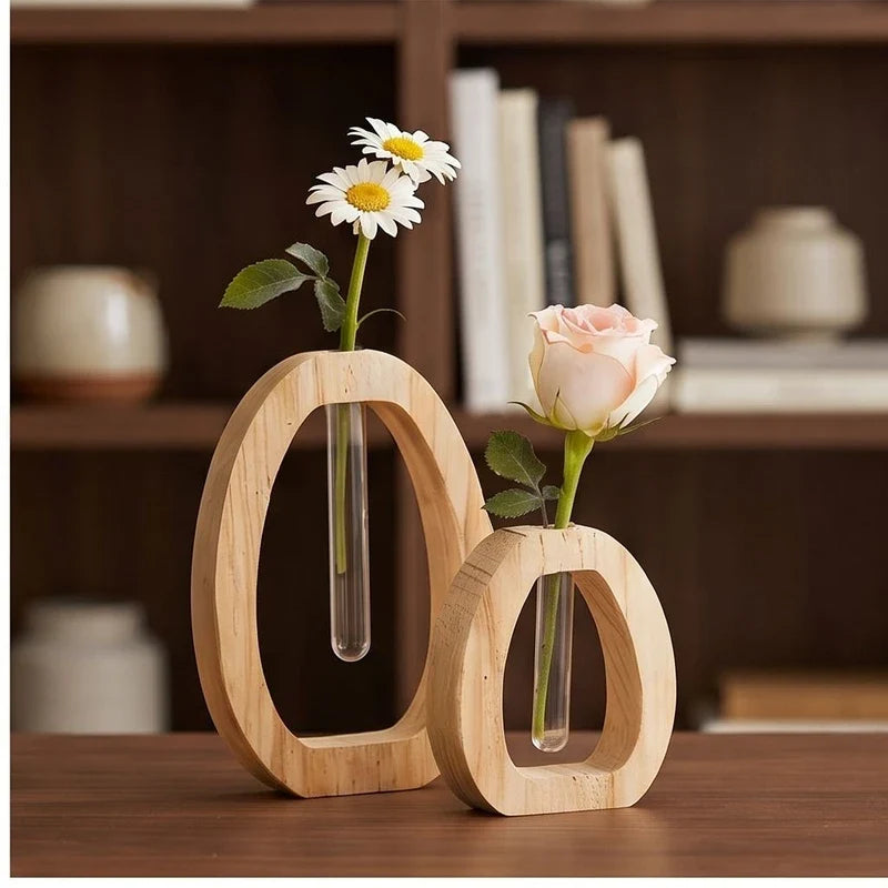 2 Piece Set Wooden Hydroponic Plant Vases With Reative Glass Tube Containers Decorative Vase For  Office Workspace Home Living Room wooden vases styled in a warm home setting - 2
