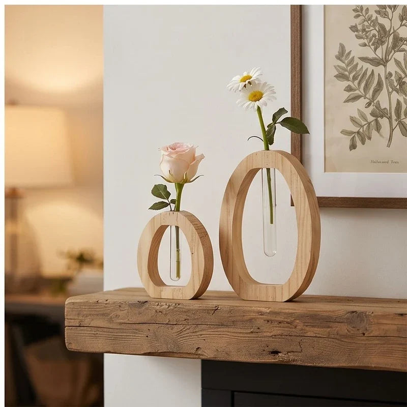 2 Piece Set Wooden Hydroponic Plant Vases With Reative Glass Tube Containers Decorative Vase For  Office Workspace Home Living Room wooden vases styled in a warm home setting - 4