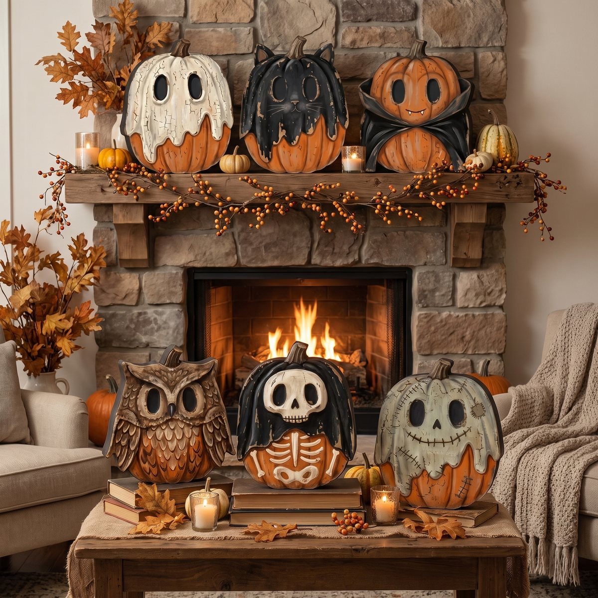 Painted Wood Halloween Tabletop Signs (Set of 6)