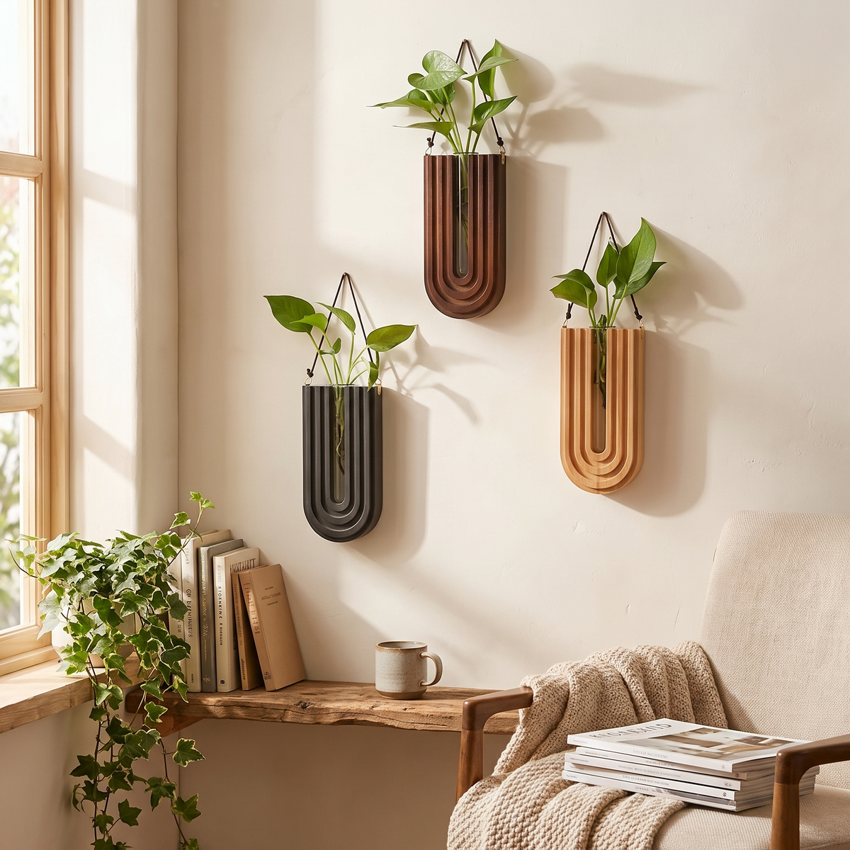 Fern Wall-Mounted Glass Vase with Wood Frame