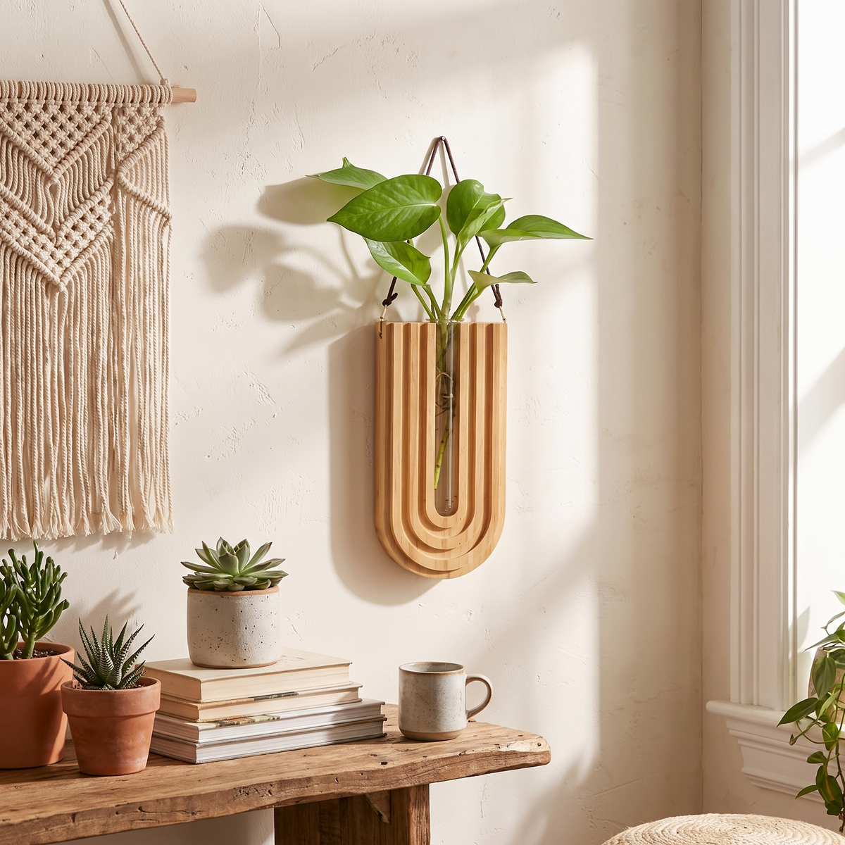 Fern Wall-Mounted Glass Vase with Wood Frame