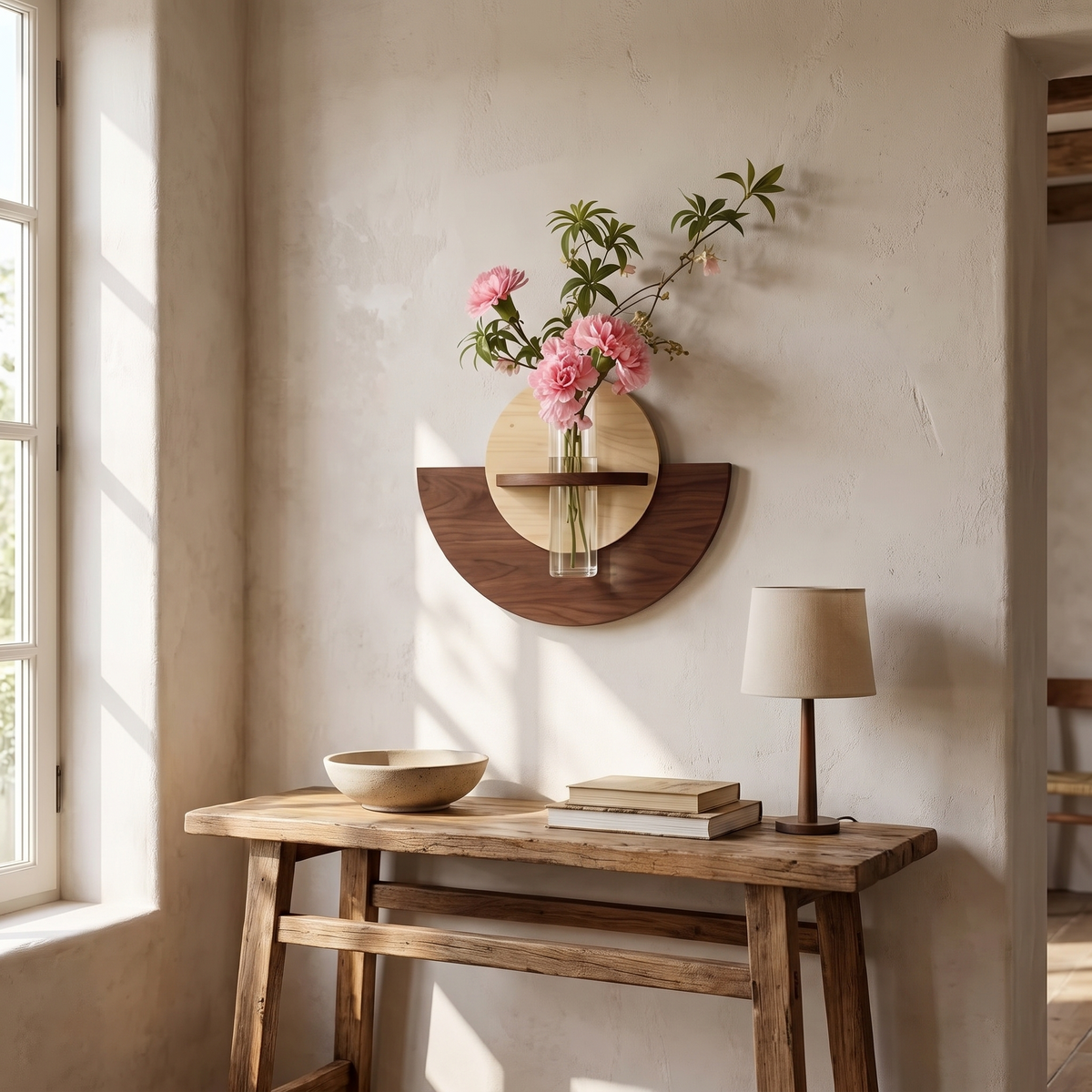 Celeste Semi-Circle Wall Mount Wood Vase with Glass Tube