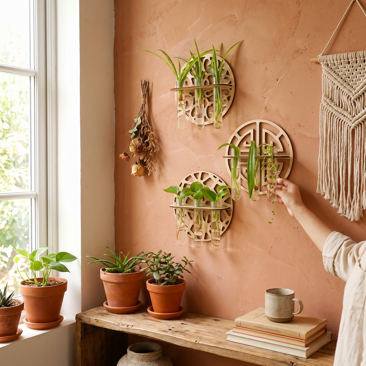Harmon Geometric Wall-Mount Wood Plant Propagation Vase Rack