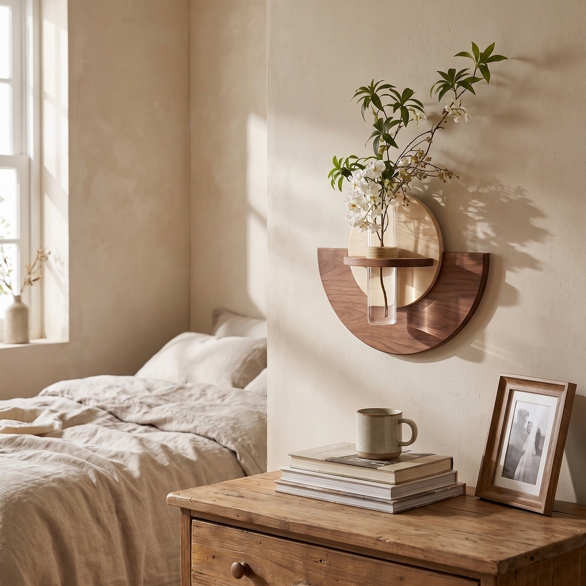 Celeste Semi-Circle Wall Mount Wood Vase with Glass Tube