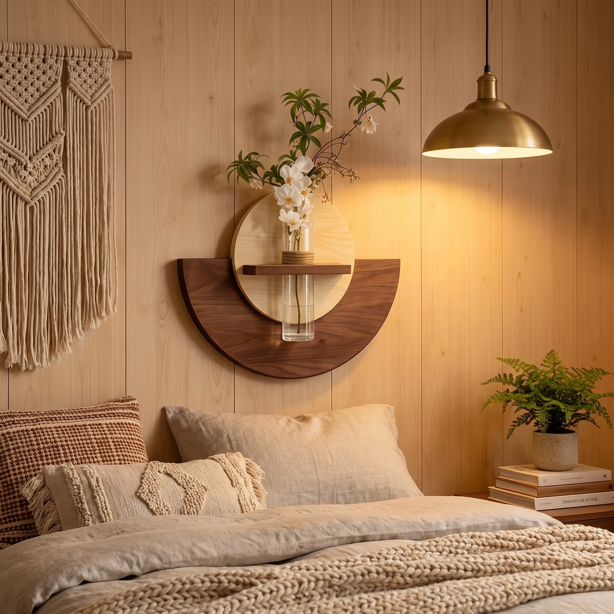 Celeste Semi-Circle Wall Mount Wood Vase with Glass Tube