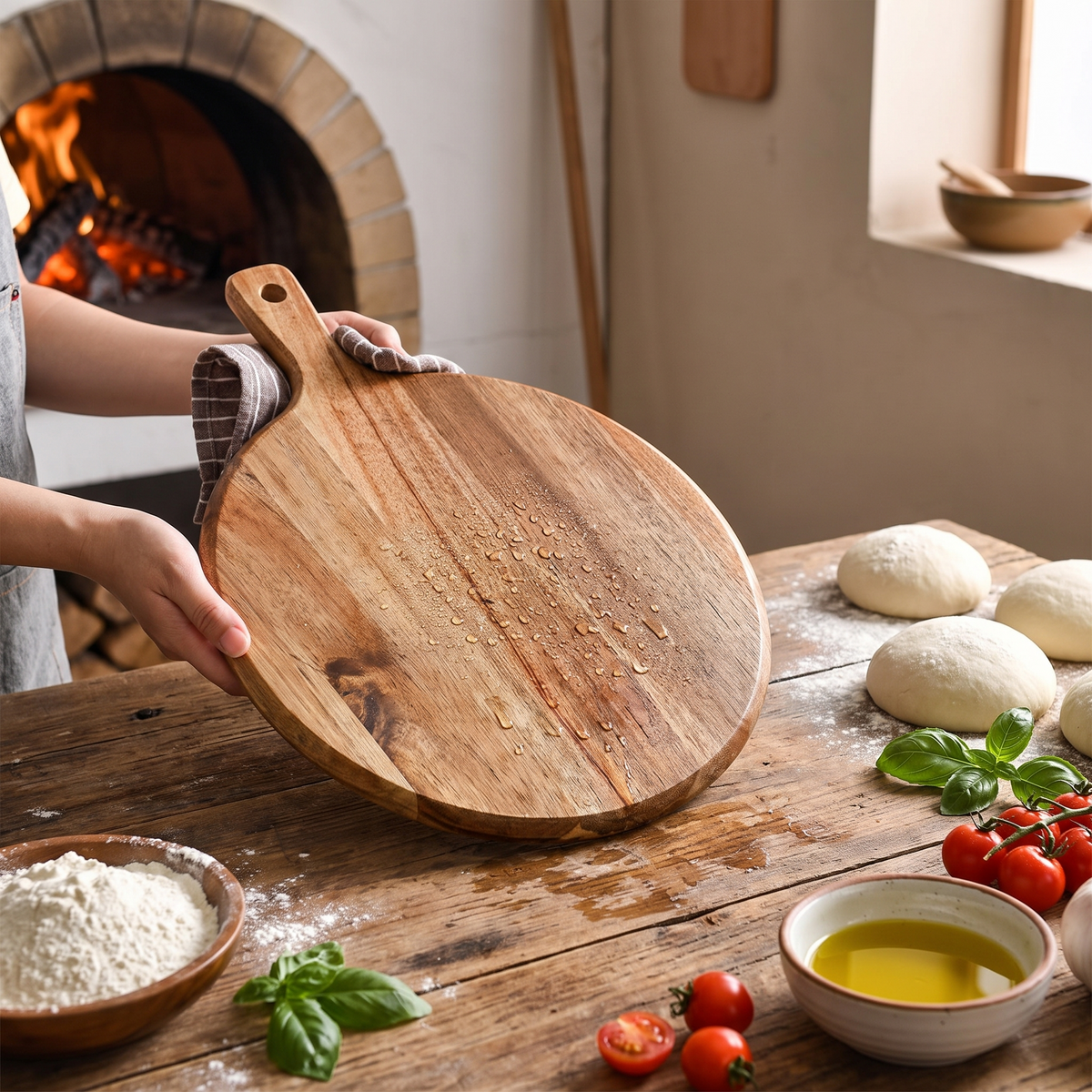 Round Wooden Pizza Serving Board
