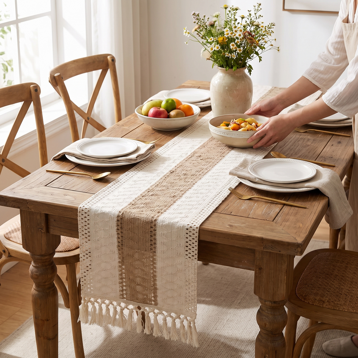 Brynn Burlap Striped Table Runner with Tassels