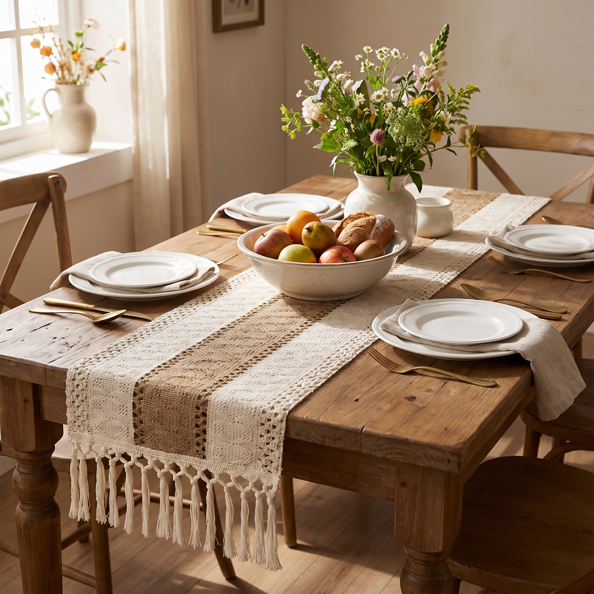 Brynn Burlap Striped Table Runner with Tassels