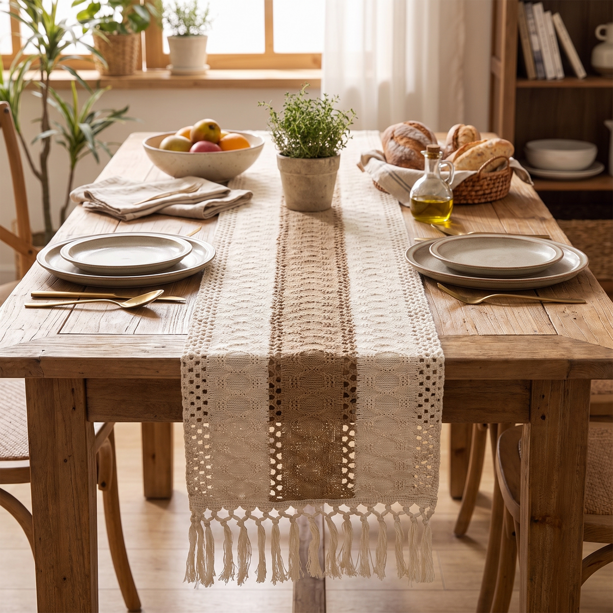 Brynn Burlap Striped Table Runner with Tassels