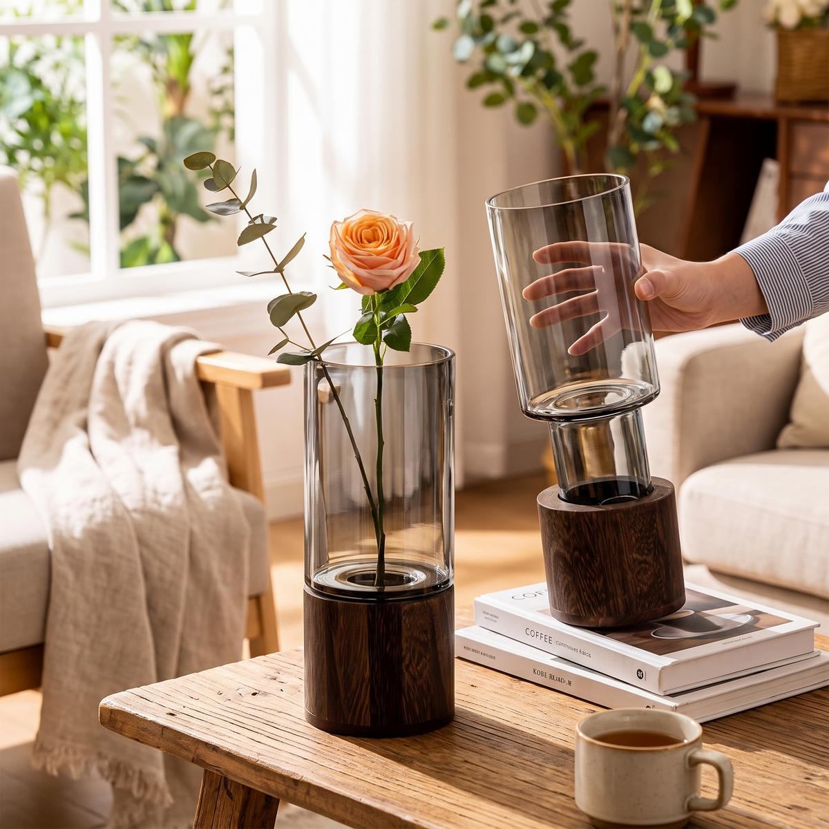 Silas Glass Vase Set with Wooden Base
