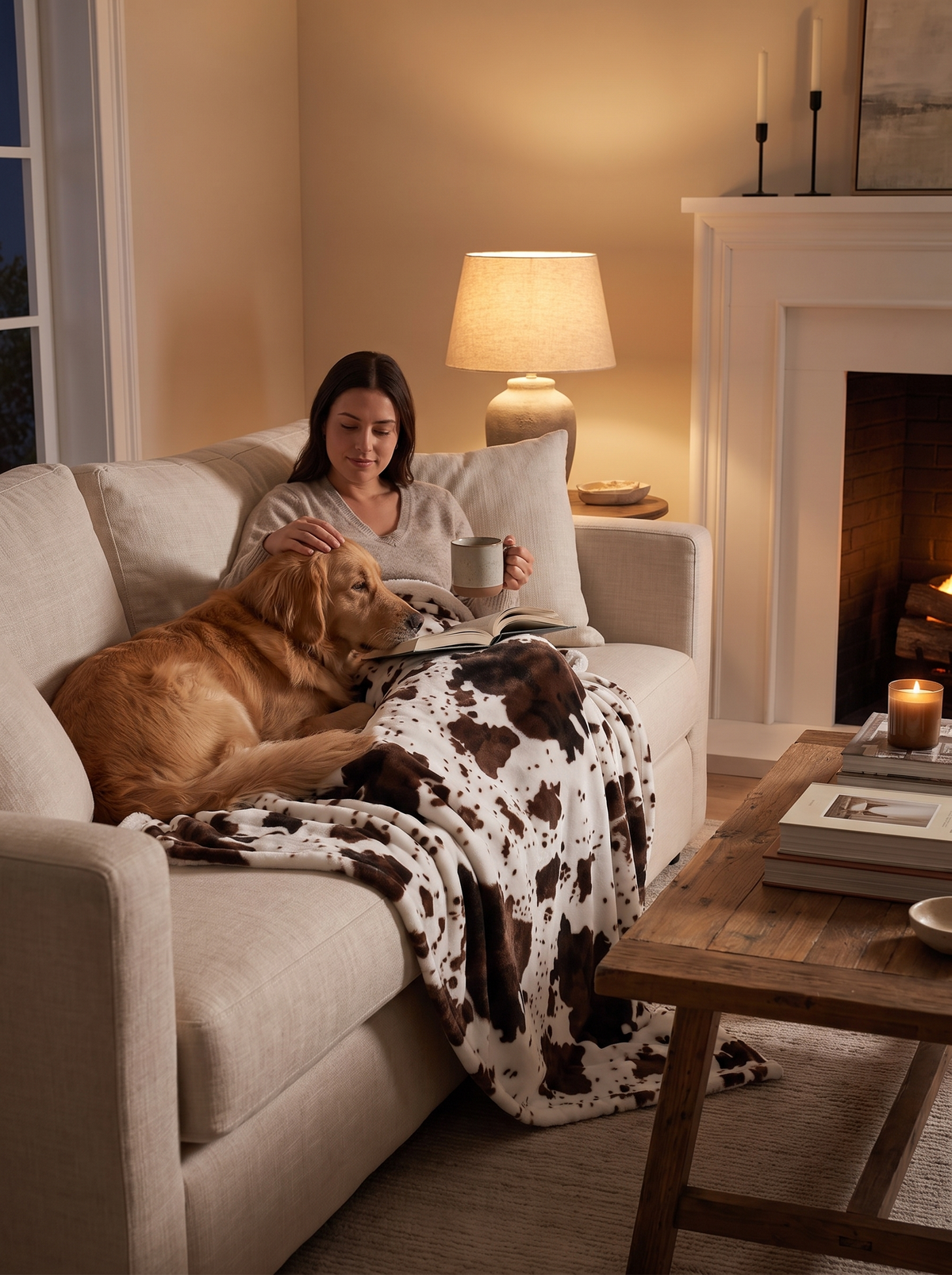 Prairie cow print fleece throw blanket used on a sofa in the evening