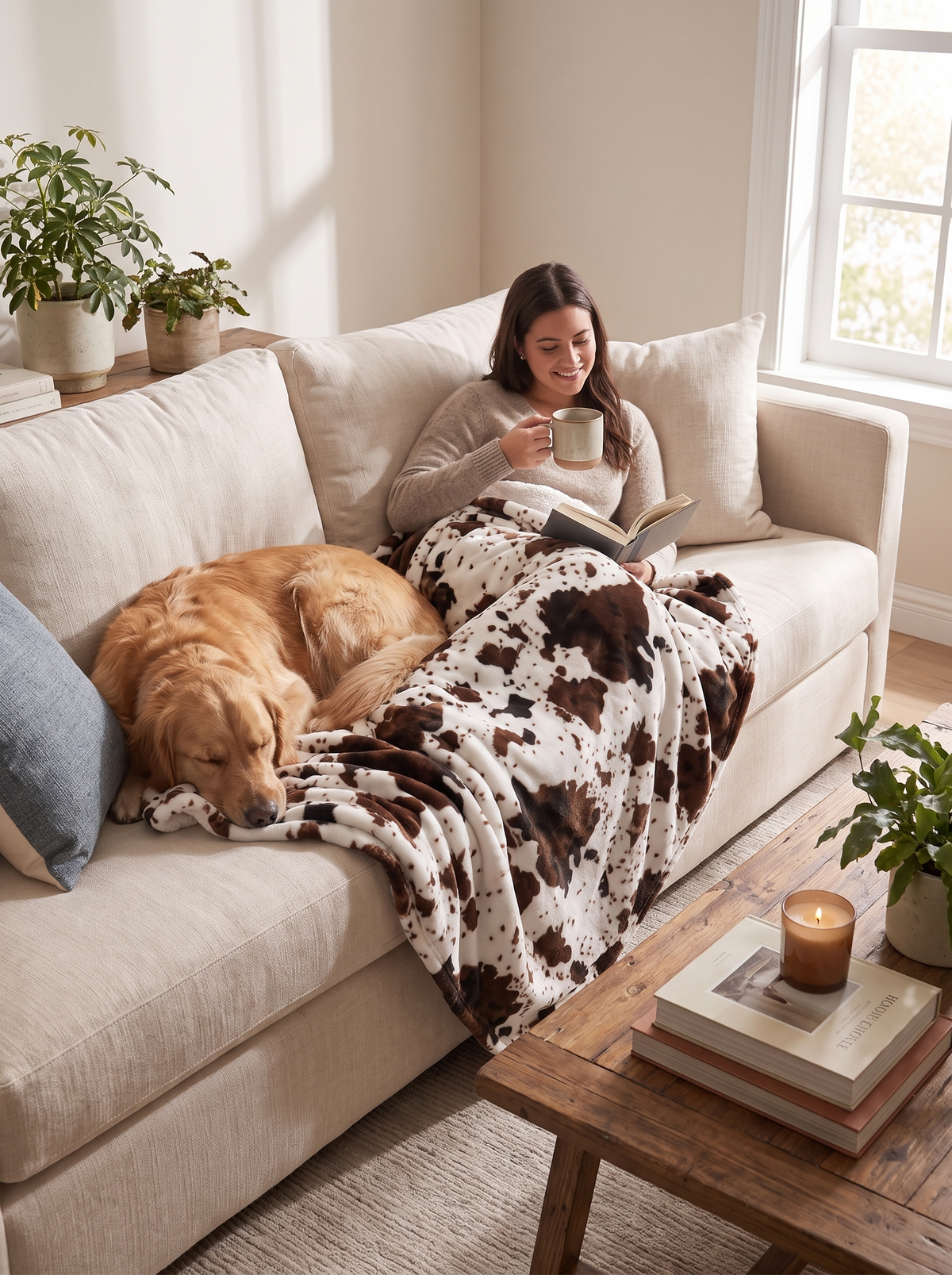 Oversized Prairie cow print throw blanket layered across a bed