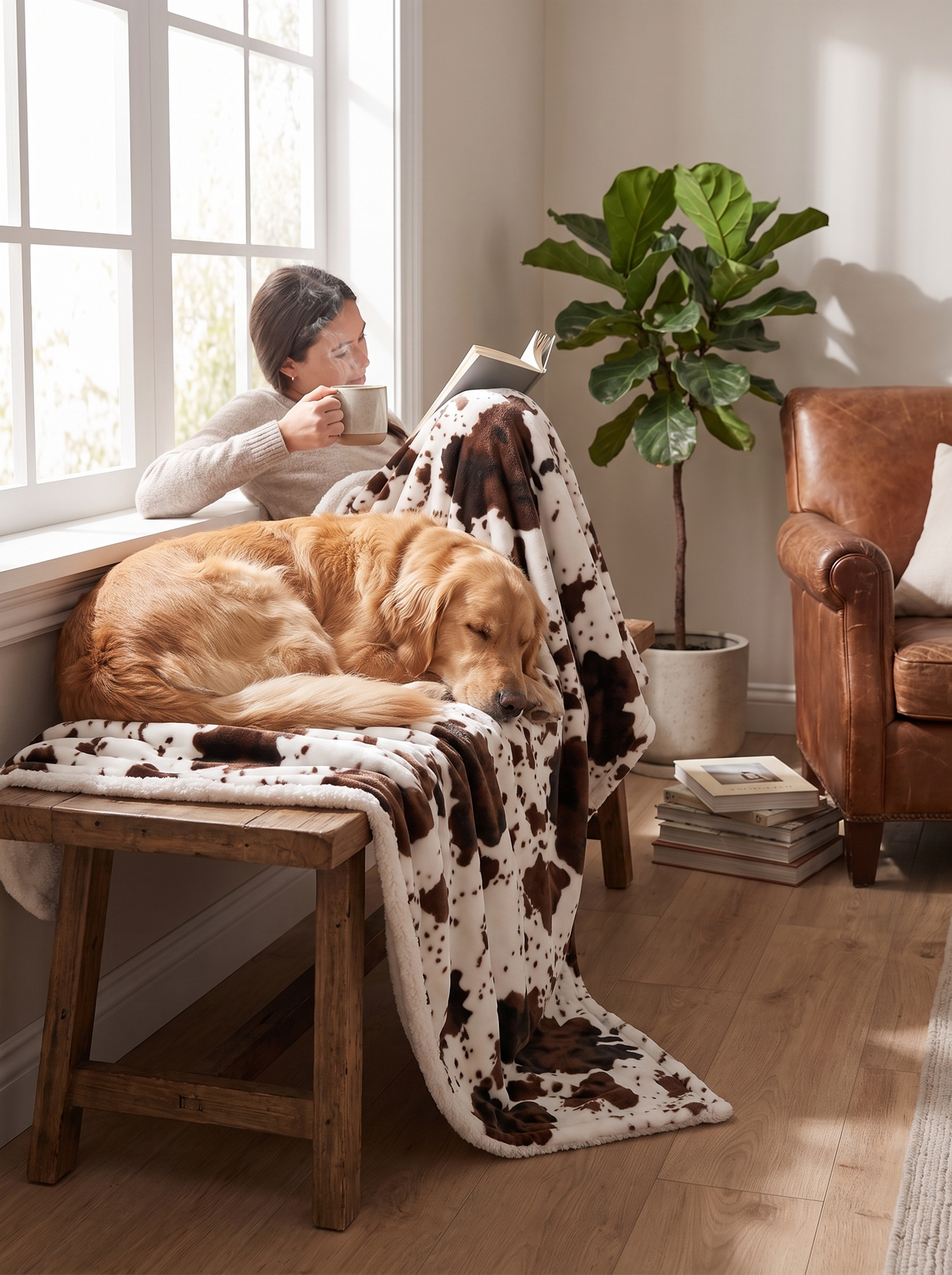 Prairie cow print fleece throw blanket draped in a living room