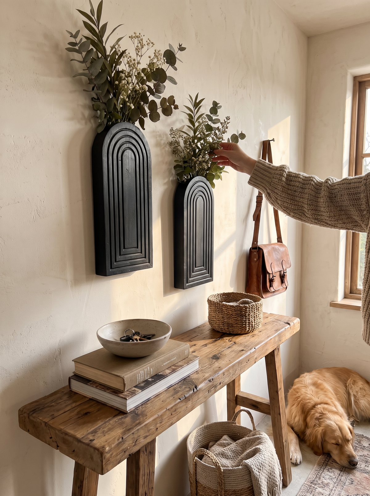 Black Arched Wood Wall Vase with Layered Design lifestyle image 3