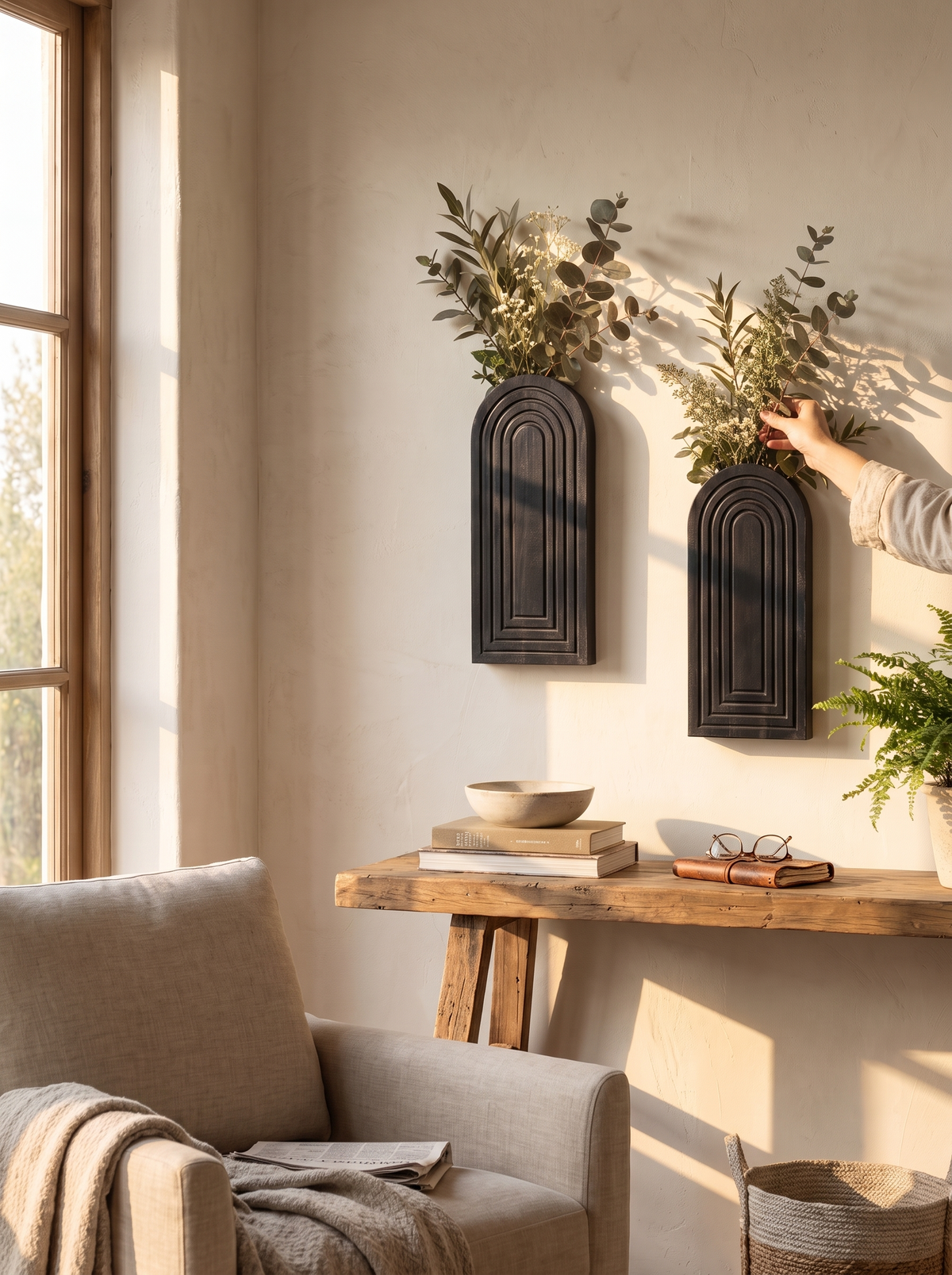 Black Arched Wood Wall Vase with Layered Design lifestyle image 2