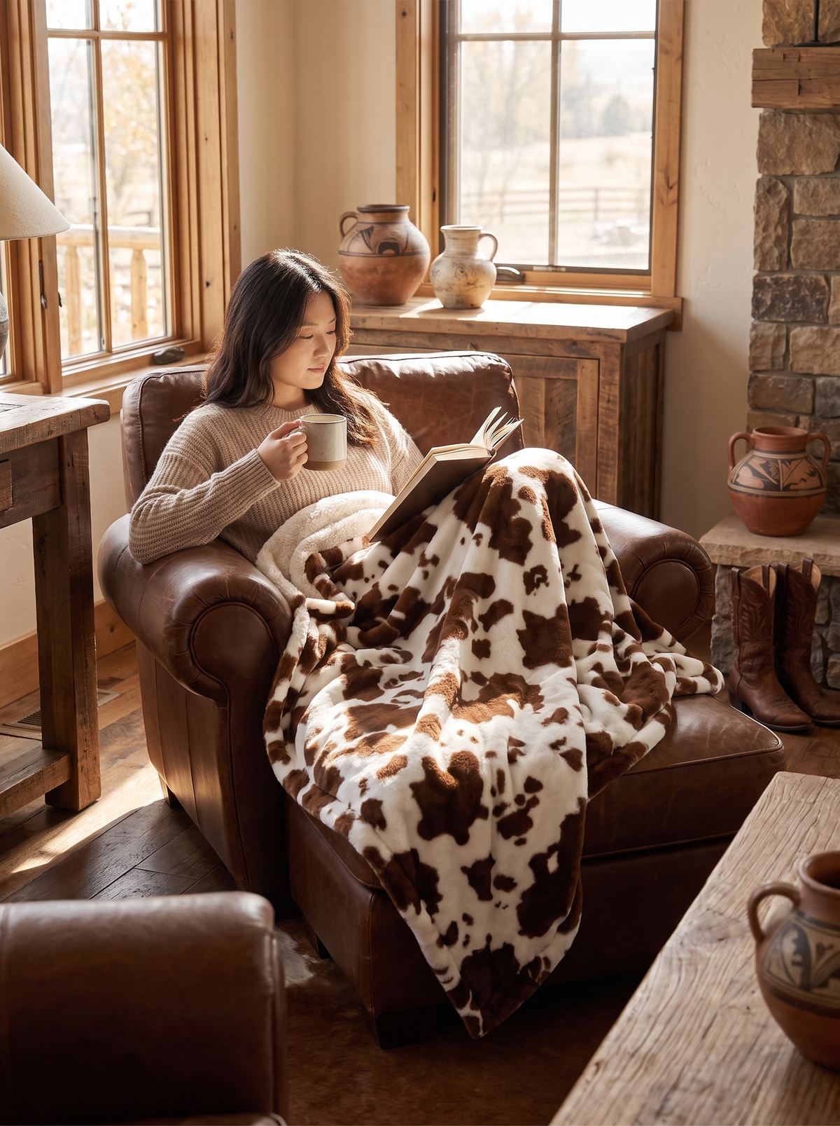 Large Cow Print Fleece Throw Blanket, Soft & Oversized lifestyle image 3