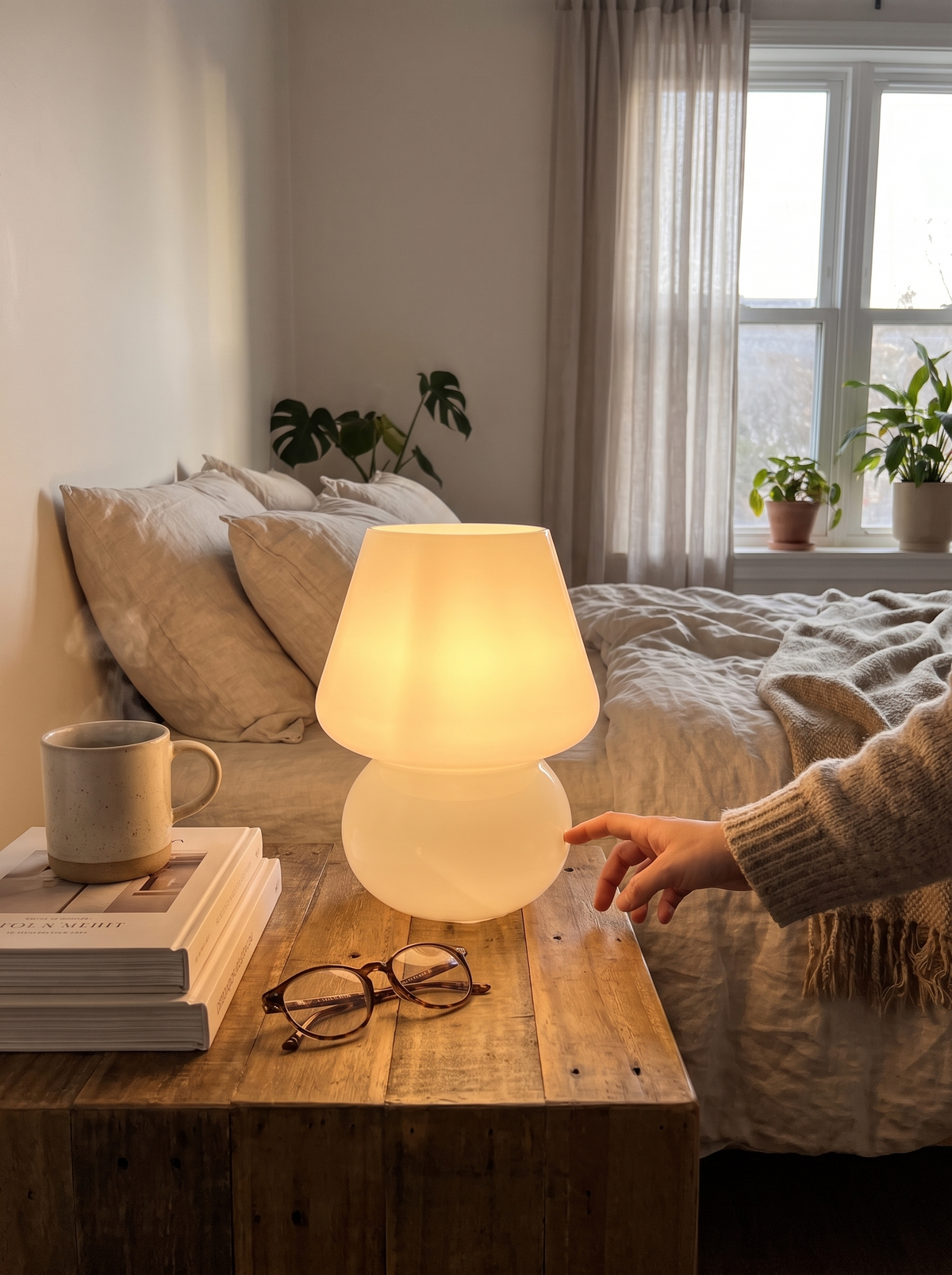 Mushroom Shaped Amber Glass LED Table Lamp lifestyle image 1