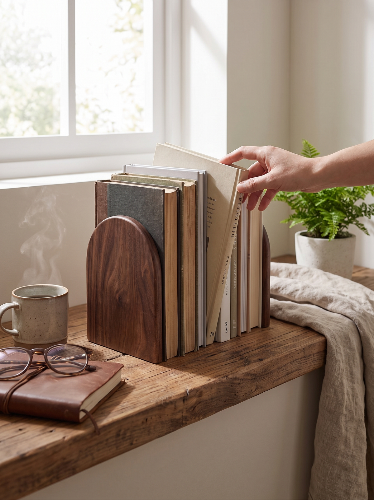 Ashlin Solid Walnut Bookends with Steel Base lifestyle image 1