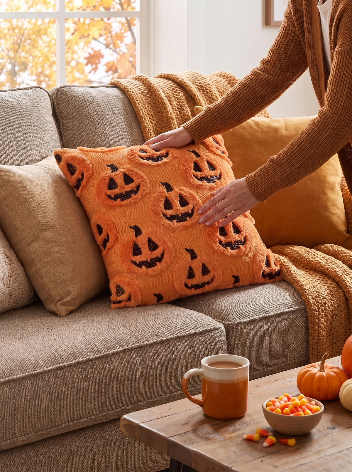 Halloween Jack-O-Lantern Knit Pillow Covers lifestyle image 1