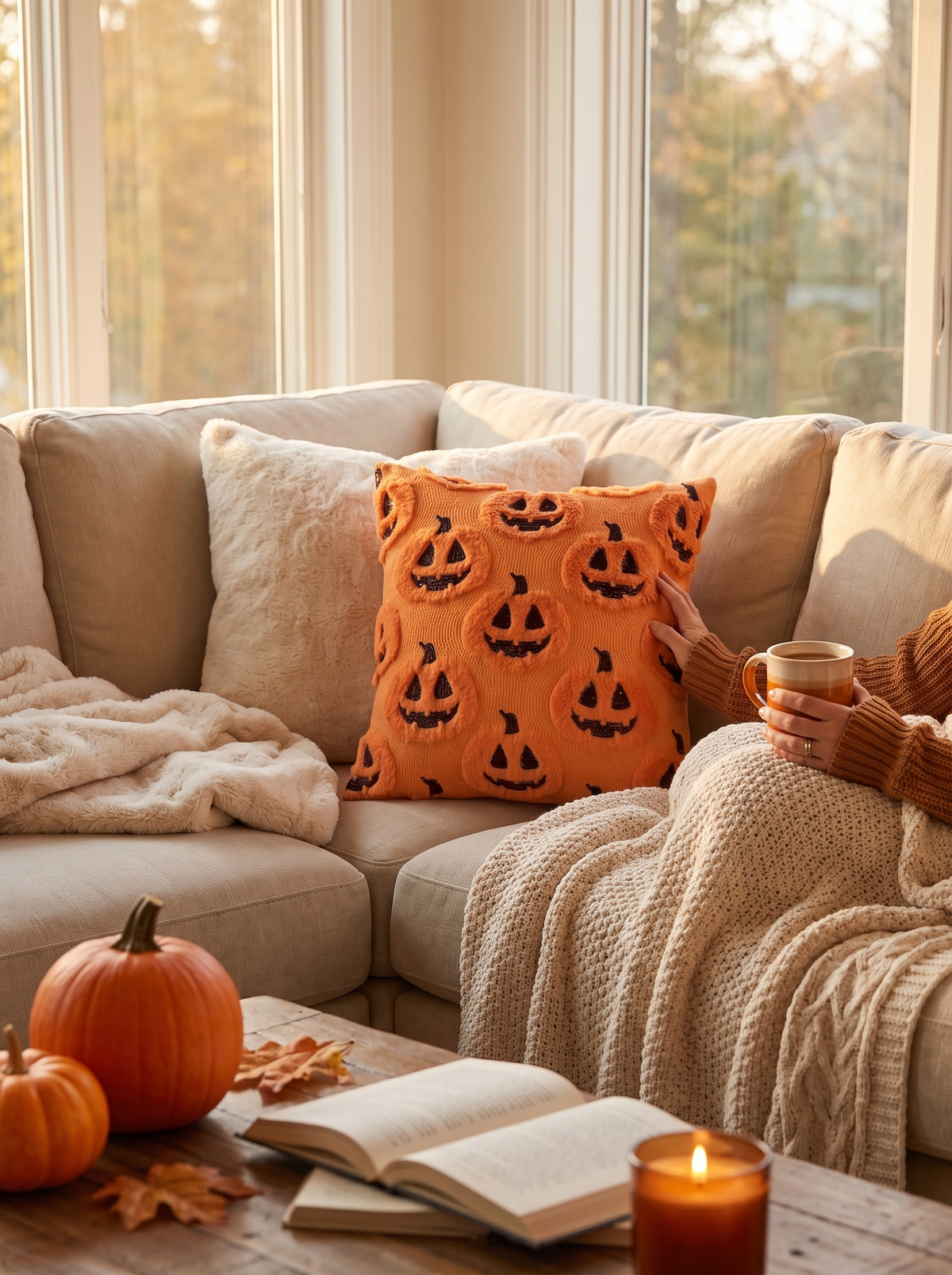 Halloween Jack-O-Lantern Knit Pillow Covers lifestyle image 2