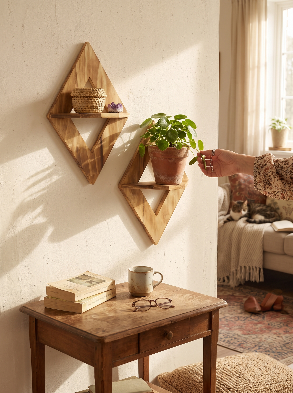 Vesper Geometric Diamond Wood Floating Wall Shelf Set lifestyle image 1