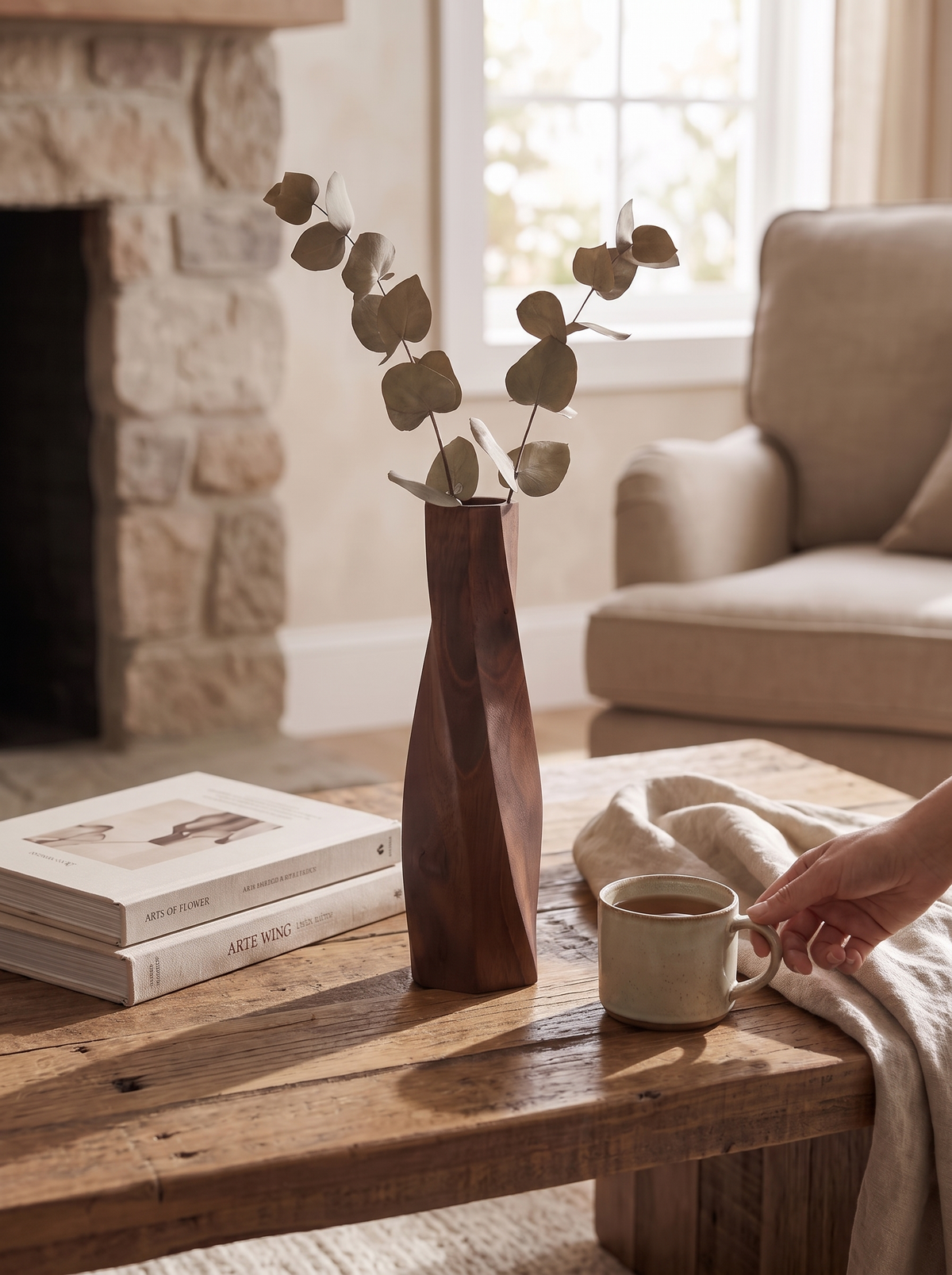 Kaida Tall Faceted Wooden Flower Vase, Hand-Carved lifestyle image 2
