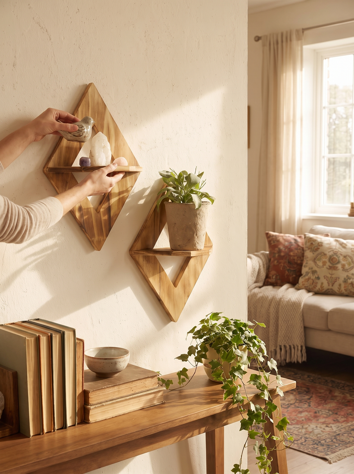 Vesper Geometric Diamond Wood Floating Wall Shelf Set lifestyle image 2