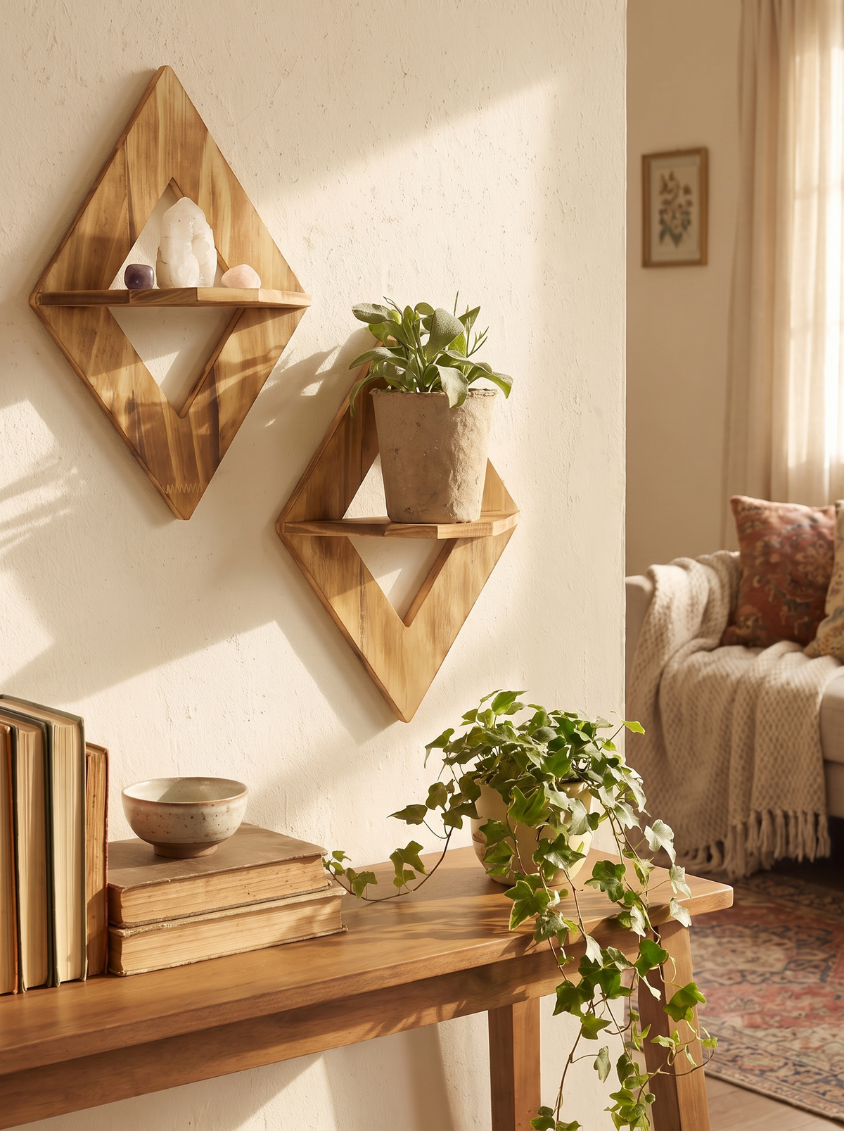 Vesper Geometric Diamond Wood Floating Wall Shelf Set lifestyle image 3