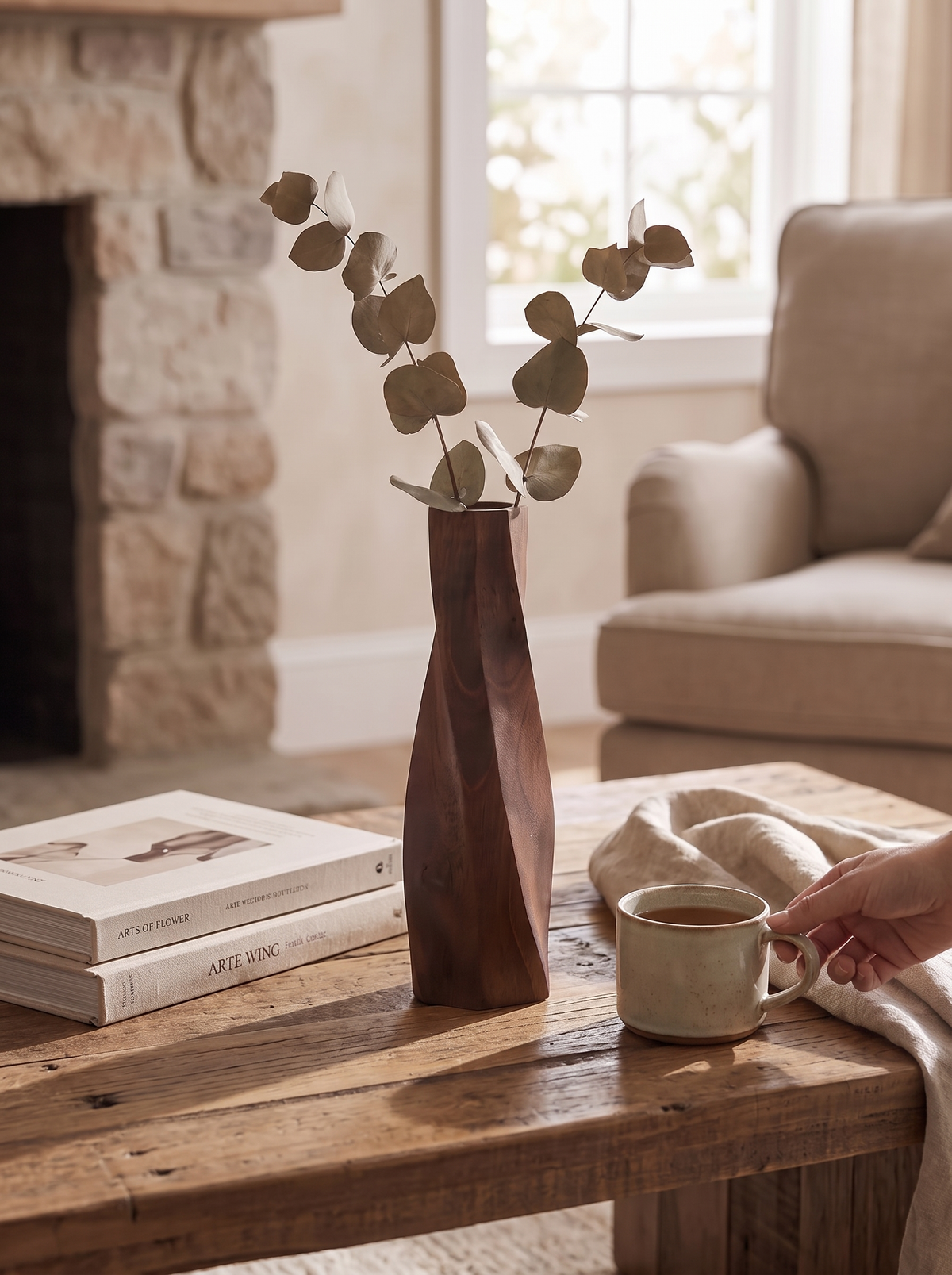 Kaida Tall Faceted Wooden Flower Vase, Hand-Carved lifestyle image 3