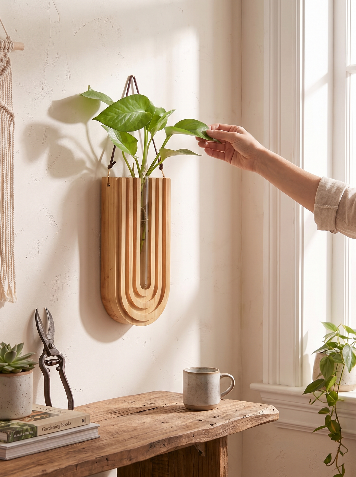 Fern Wall-Mounted Glass Bud Vase with Wood Frame lifestyle image 2