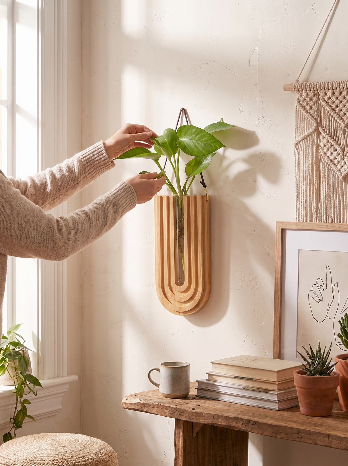 Fern Wall-Mounted Glass Bud Vase with Wood Frame lifestyle image 3