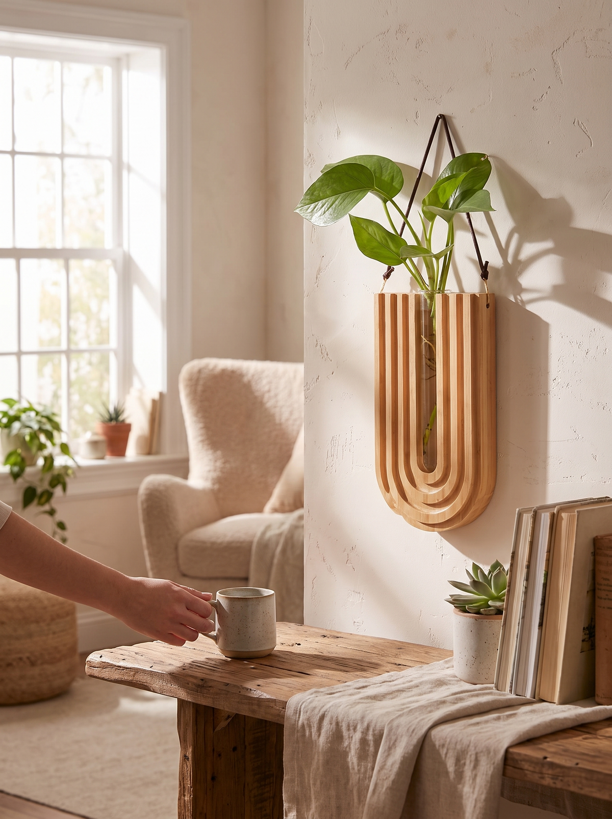 Fern Wall-Mounted Glass Bud Vase with Wood Frame lifestyle image 1