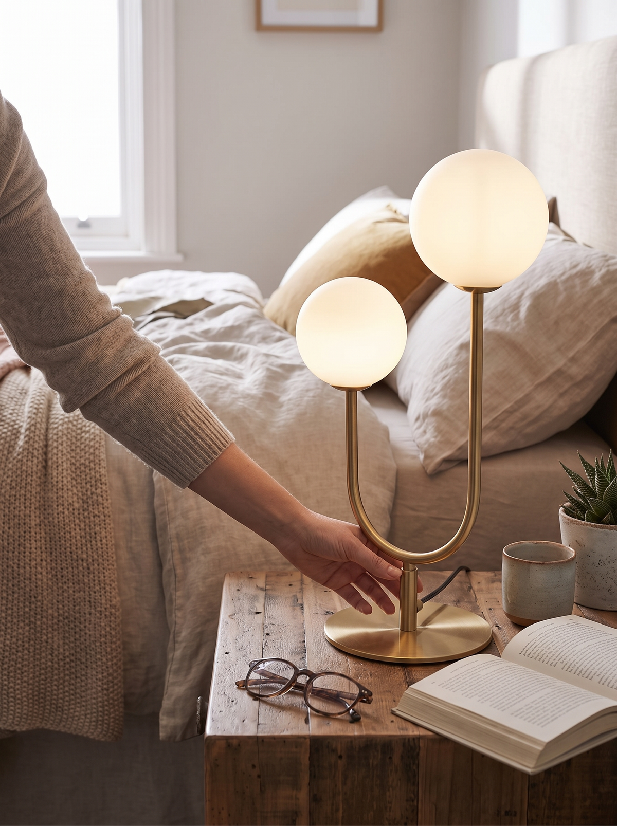 Vesper U-Shaped Dual Orb Brass Table Lamp lifestyle image 2