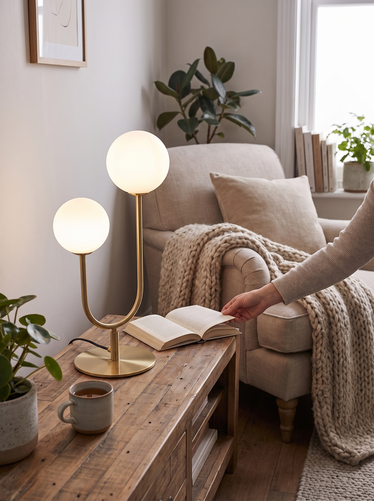Vesper U-Shaped Dual Orb Brass Table Lamp lifestyle image 1