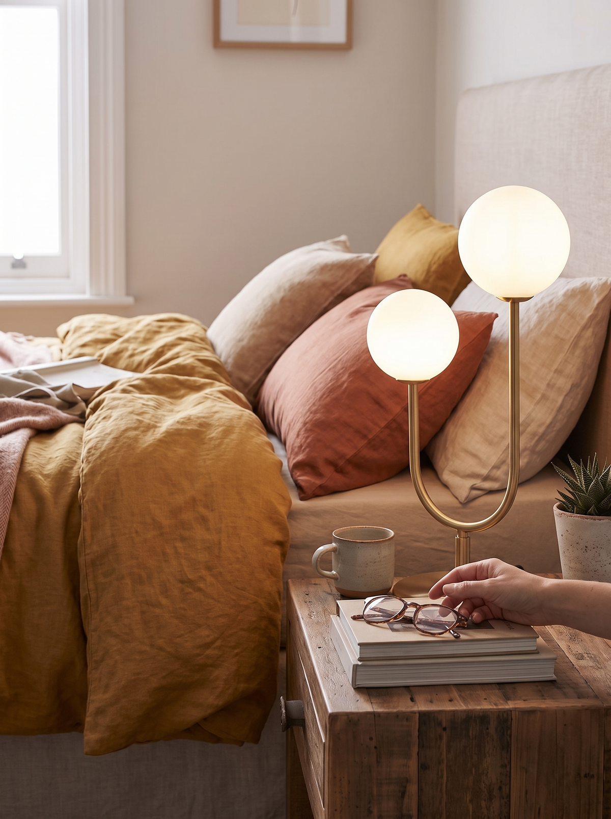 Vesper U-Shaped Dual Orb Brass Table Lamp lifestyle image 3