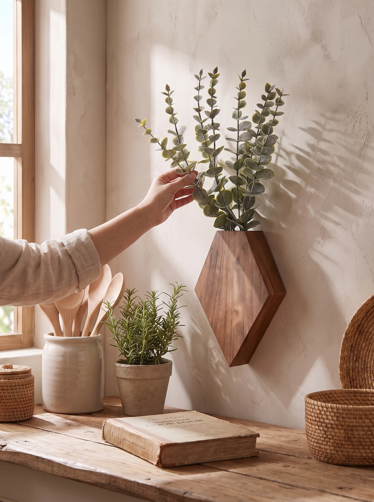Geometric Diamond Wood Wall Planters, Hanging Pair lifestyle image 1