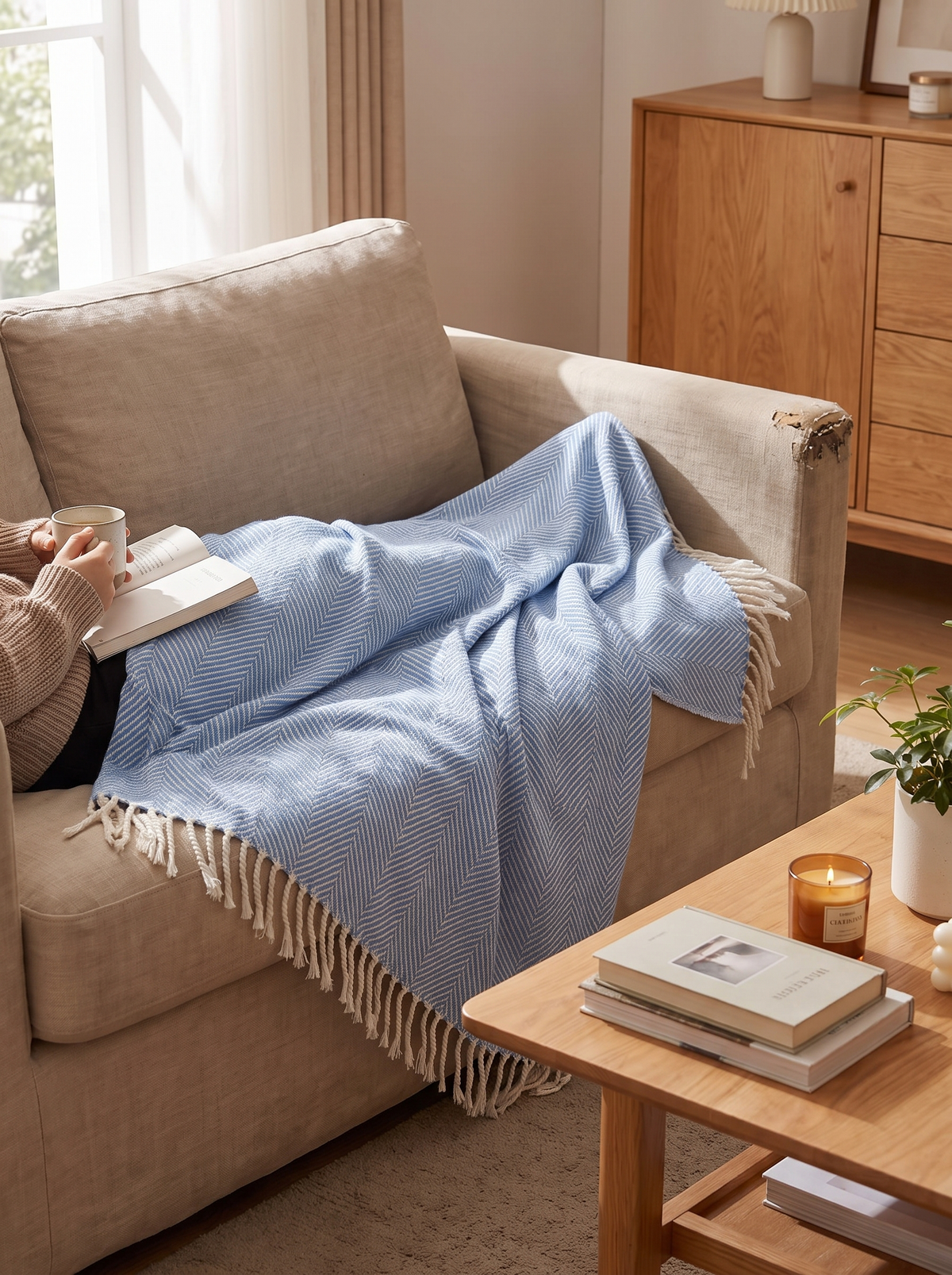 Kael Woven Herringbone Fringe Throw Blanket lifestyle image 1